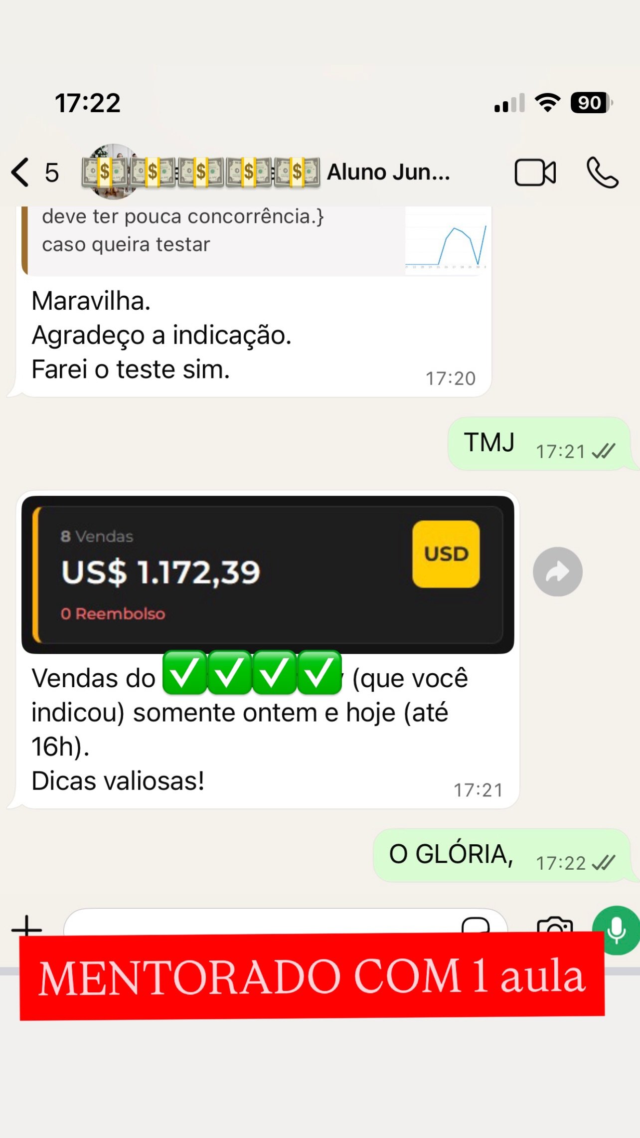 Depoimento: vendas de aluno indicado, mentorado com apenas 1 aula